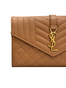 Saint Laurent Envelope Wallet on Chain WOC Triquilt Matelasse Dark Cork/Beige Gold-tone Hardware