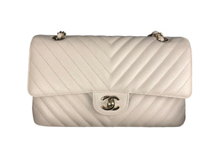 Chanel Timeless Classic Medium M/L Double Flap Ivory Chevron Caviar Gold Hardware