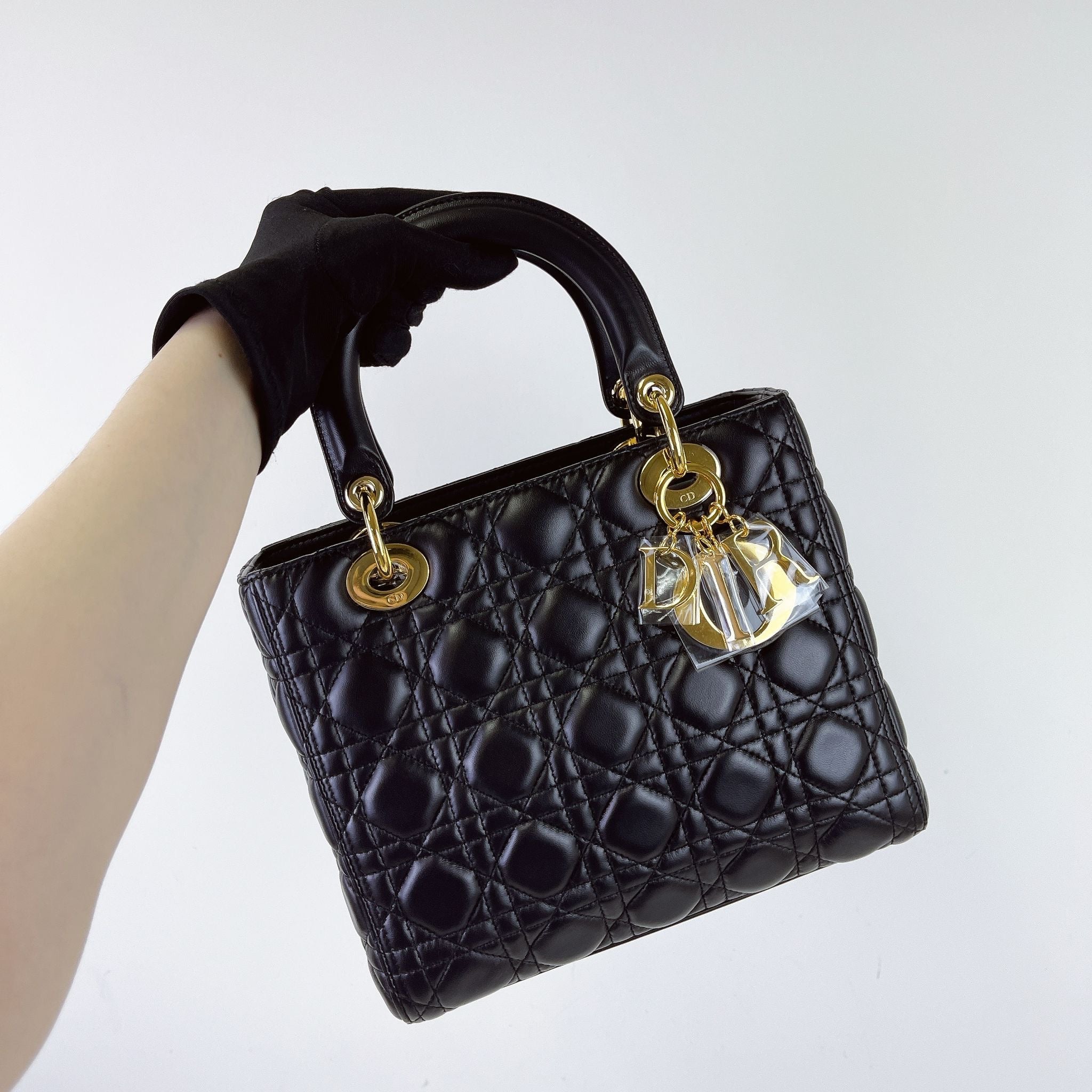 Christian Dior Lady Dior Medium, Black Lambskin Gold-tone Hardware