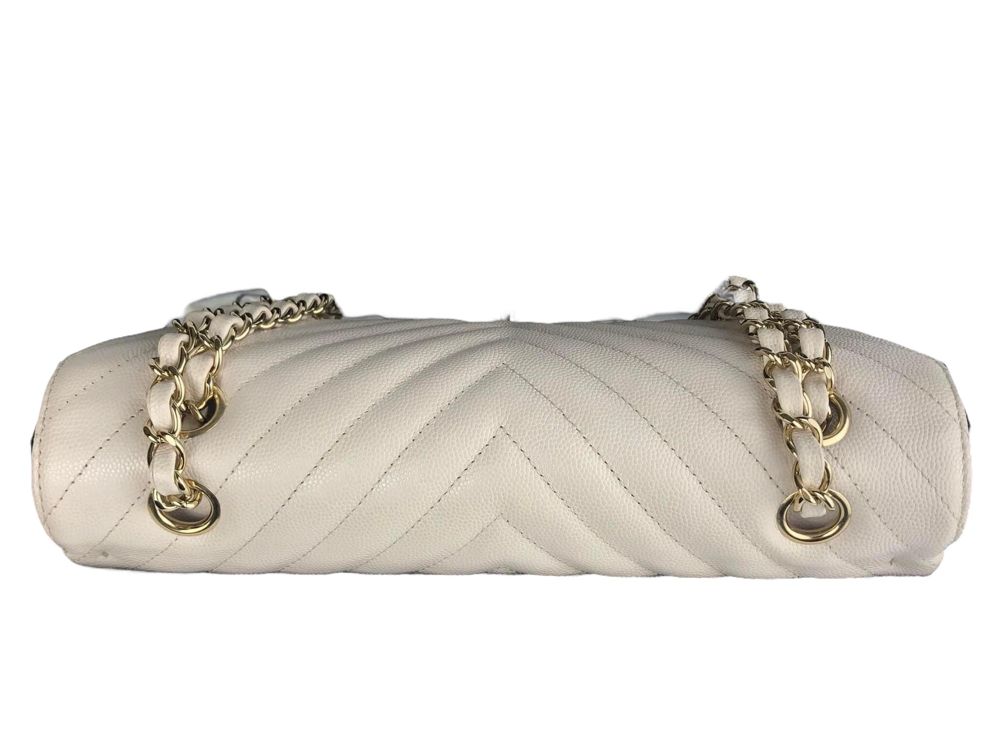 Chanel Timeless Classic Medium M/L Double Flap Ivory Chevron Caviar Gold Hardware