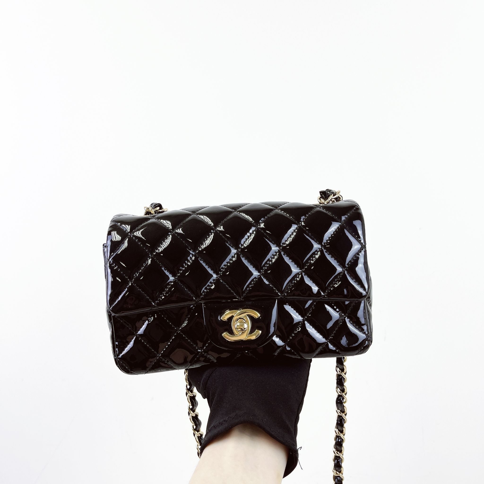 Chanel Classic Mini Black Patent Gold-tone Hardware