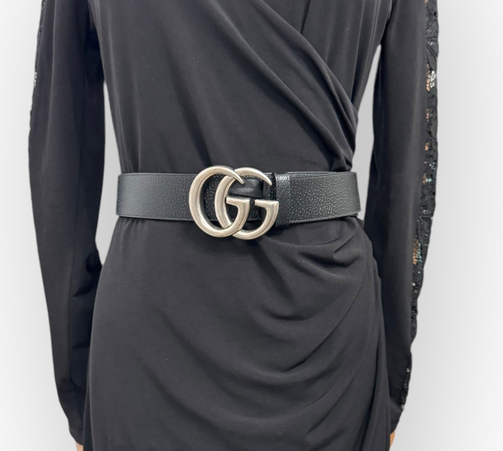 Gucci Marmont Belt, 40mm Wide, Size 32/80cm, Black Leather, Antique Palladium-Plated Hardware