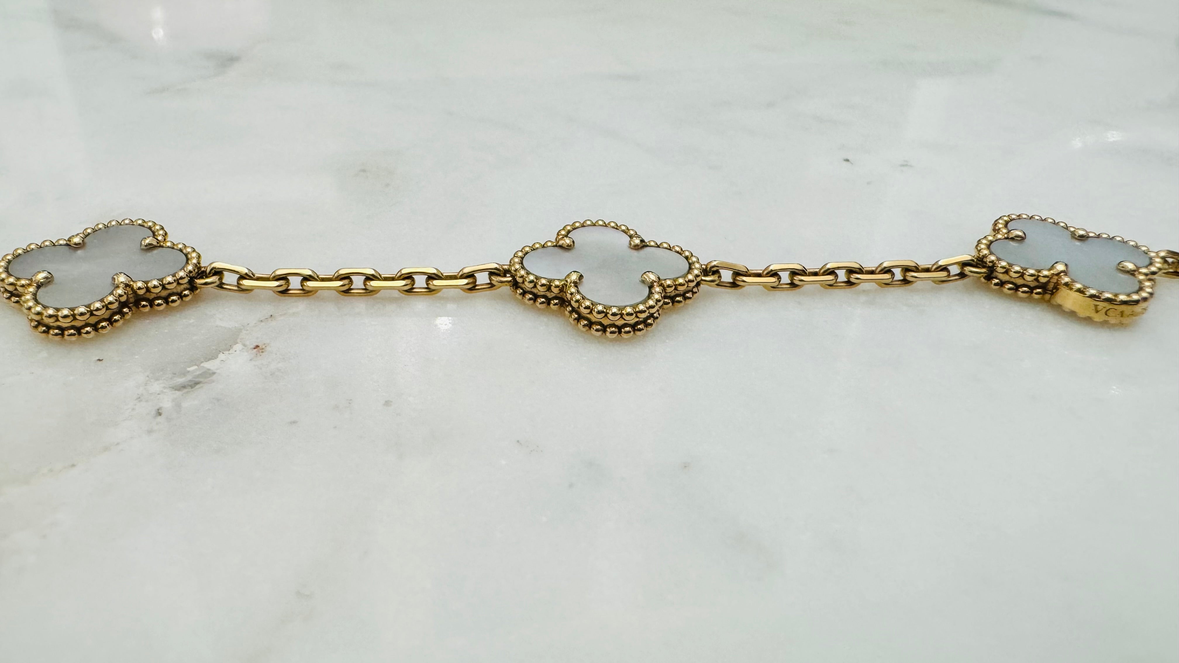 Van Cleef and Arpels Vintage Alhambra Bracelet, 5 Motifs, 18K Yellow Gold, Mother of Pearl