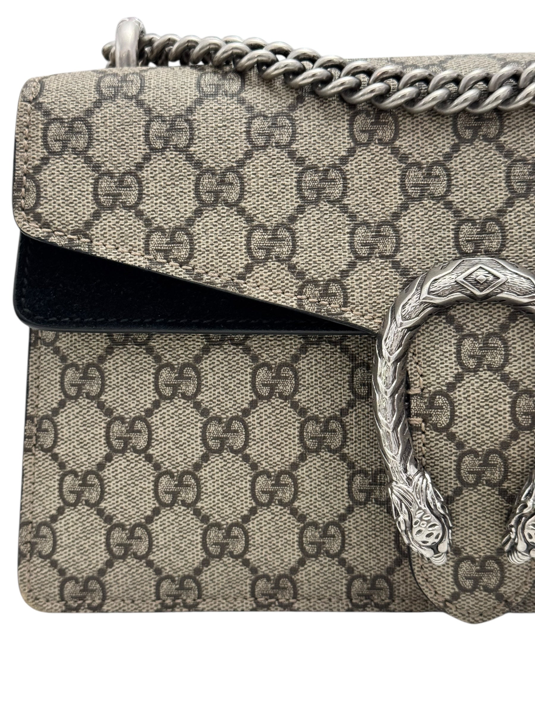 Gucci Dionysus Small, Beige GG Supreme, Black Suede, Crystal and Silver-tone Tiger Head Closure and Hardware