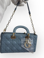 将图片加载到图库查看器，Christian Dior Lady D-Joy Medium Cloud Blue Lambskin Cannage Gold-tone Hardware
