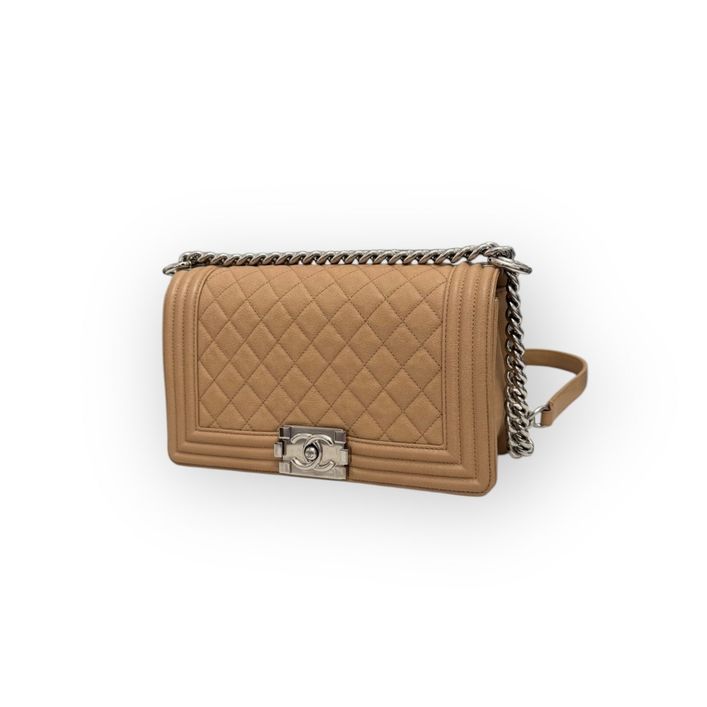 Chanel Leboy Old Medium Dark Beige Diamond Quilted Caviar Leather/Grained Calfskin, Shiny Silver-tone Hardware