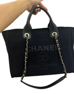 Charger l&#39;image dans la galerie, Chanel Deauville Shopping Tote Small, Black Mixed Fibers, Calfskin &amp; Gold-Tone Metal
