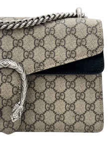 Gucci Dionysus Small, Beige GG Supreme, Black Suede, Crystal and Silver-tone Tiger Head Closure and Hardware