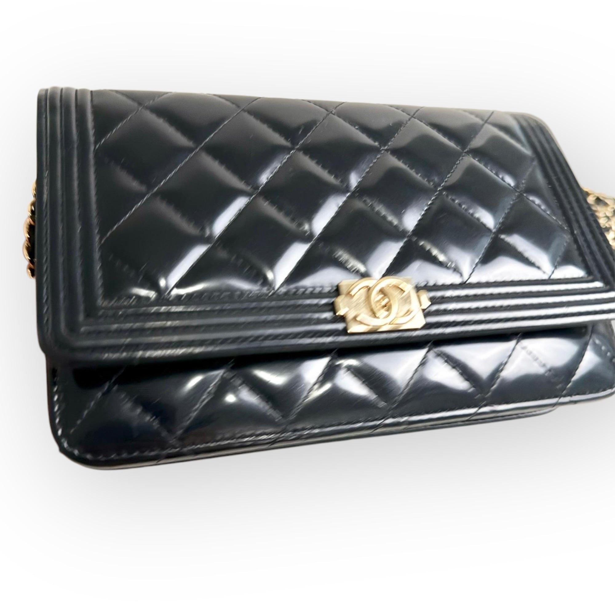 Chanel Classic Leboy Wallet on Chain, Black Diamond Quilted Patent Leather, Gold-tone Hardware