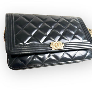 Chanel Classic Leboy Wallet on Chain, Black Diamond Quilted Patent Leather, Gold-tone Hardware