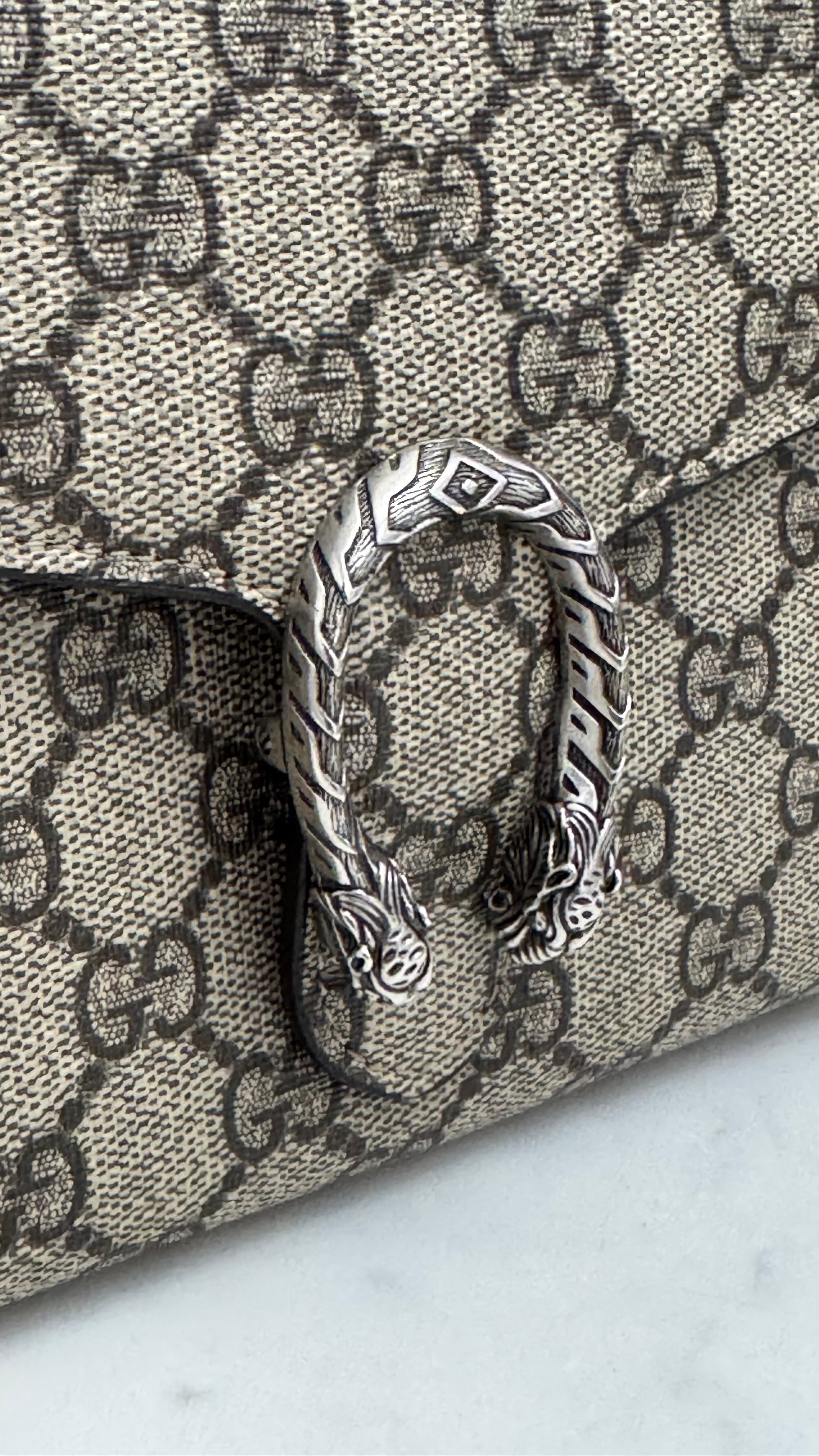 Gucci Dionysus Ebony/Beige GG Supreme Wallet on Chain WOC, Silver-toned Hardware, Red Interior