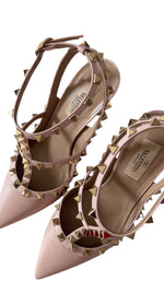 将图片加载到图库查看器，Valentino Garavani Rockstud Pink Grainy Leather Anke T- Strap Pumps 100mm
