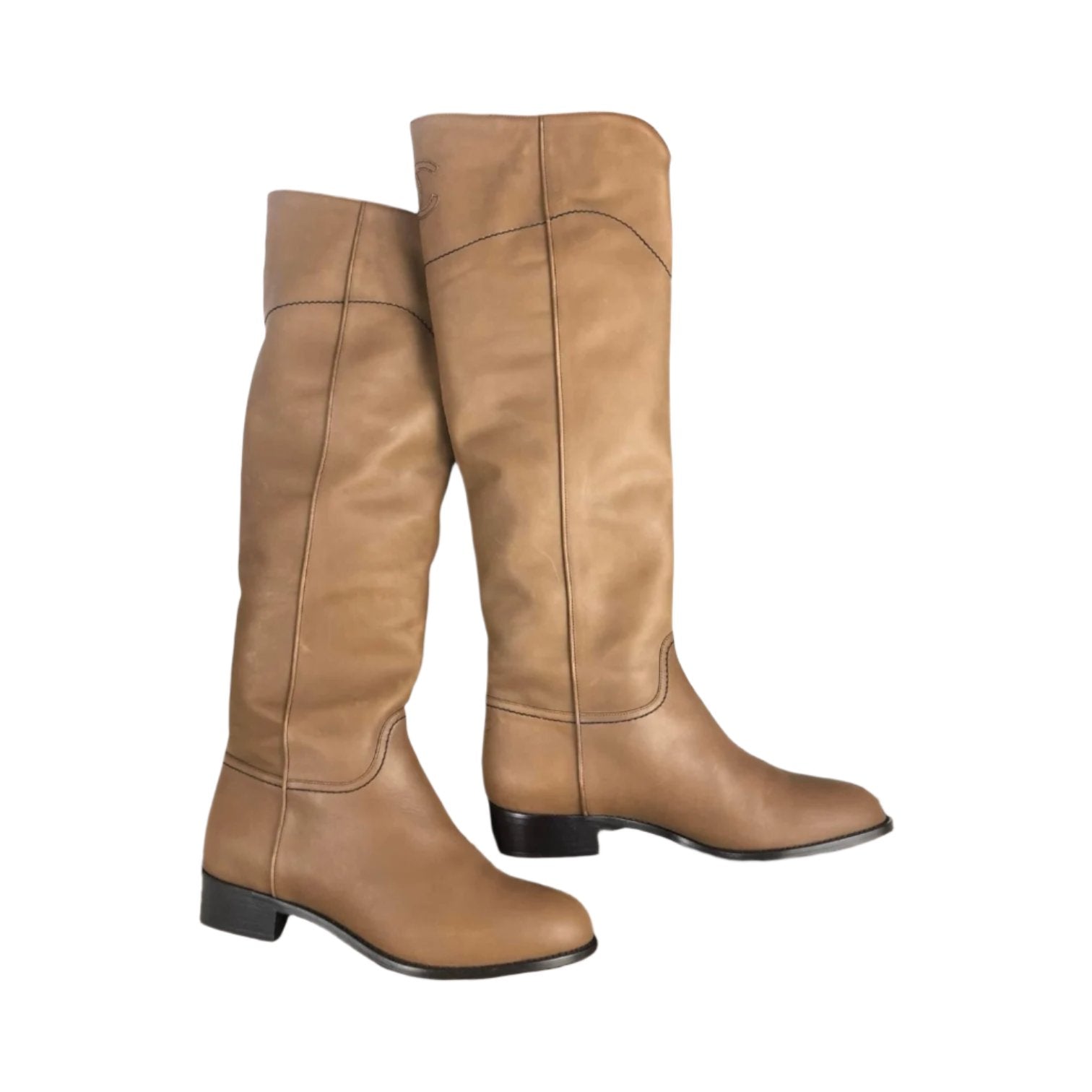 Chanel CC Riding Boots Light Brown Calfskin Womens 41.5EU/10-10.5US