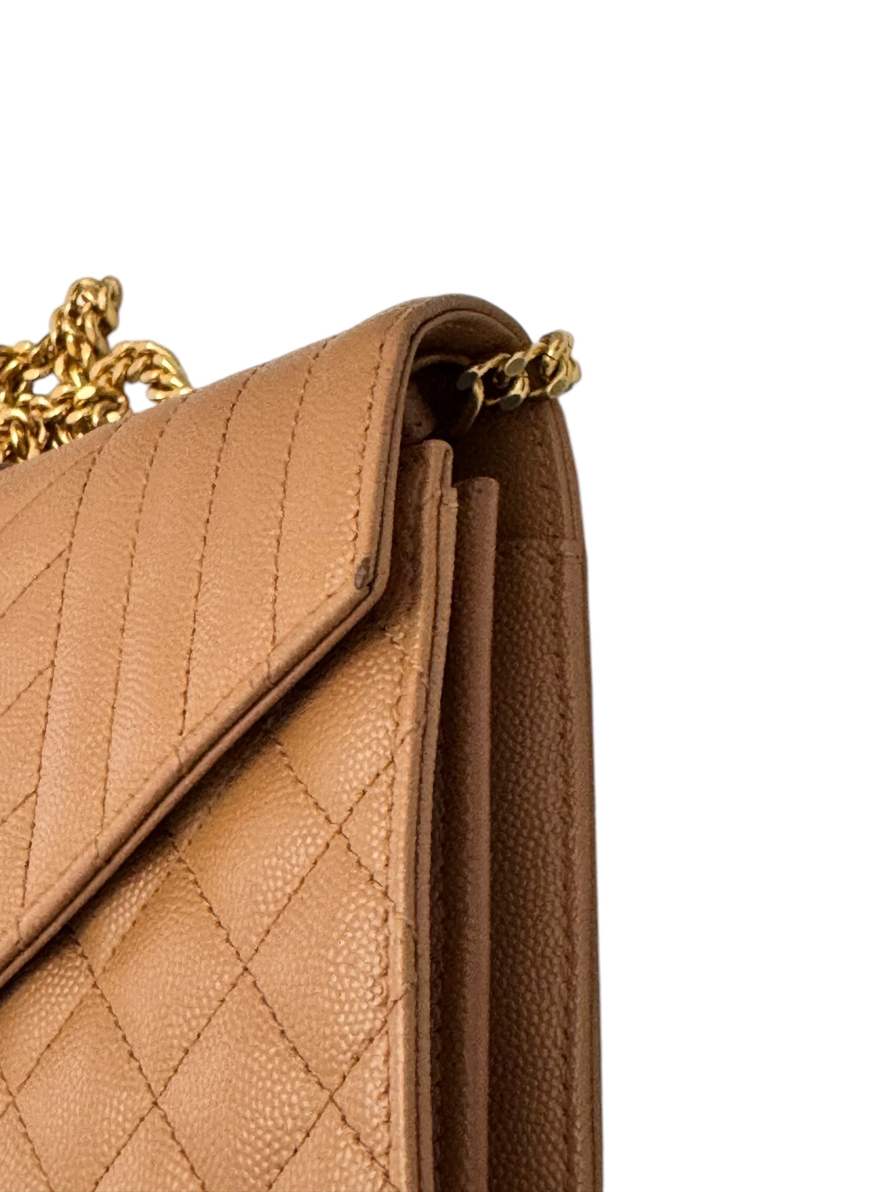 Saint Laurent Envelope Wallet on Chain WOC Triquilt Matelasse Dark Cork/Beige Gold-tone Hardware