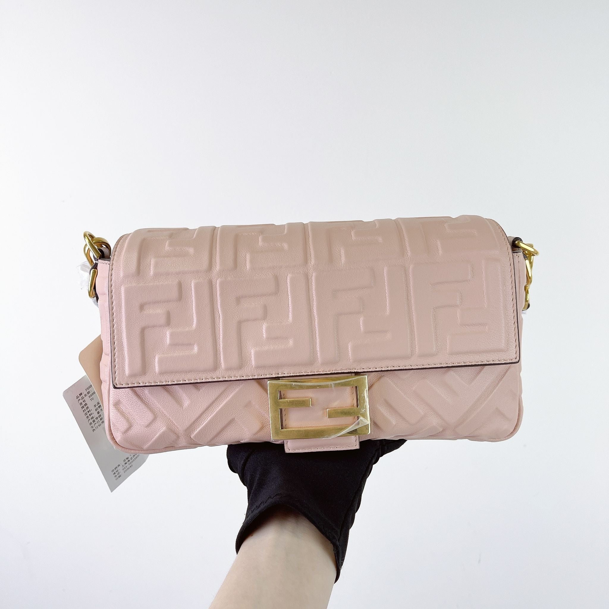 Fendi Medium Nappa FF 1974 Embossed Baguette Rose Pink, Gold-tone Hardware