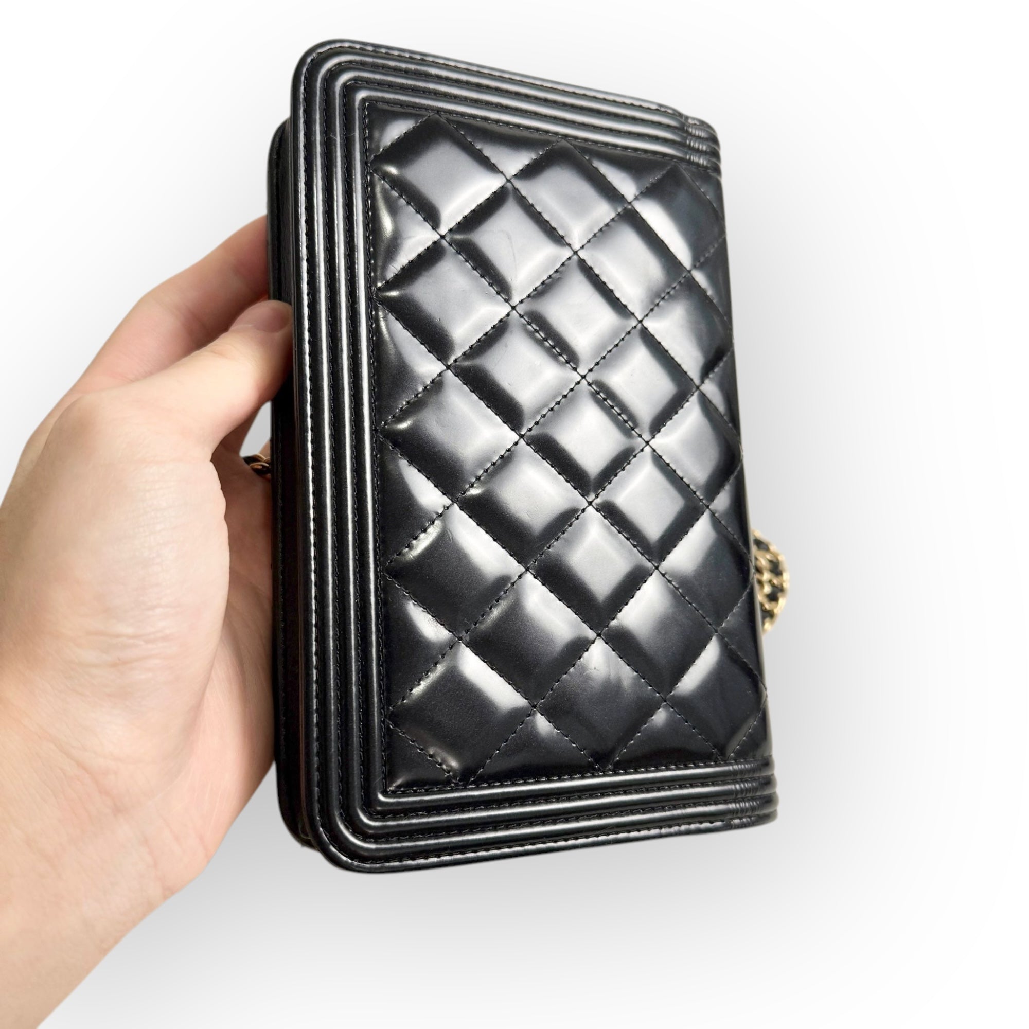 Chanel Classic Leboy Wallet on Chain, Black Diamond Quilted Patent Leather, Gold-tone Hardware