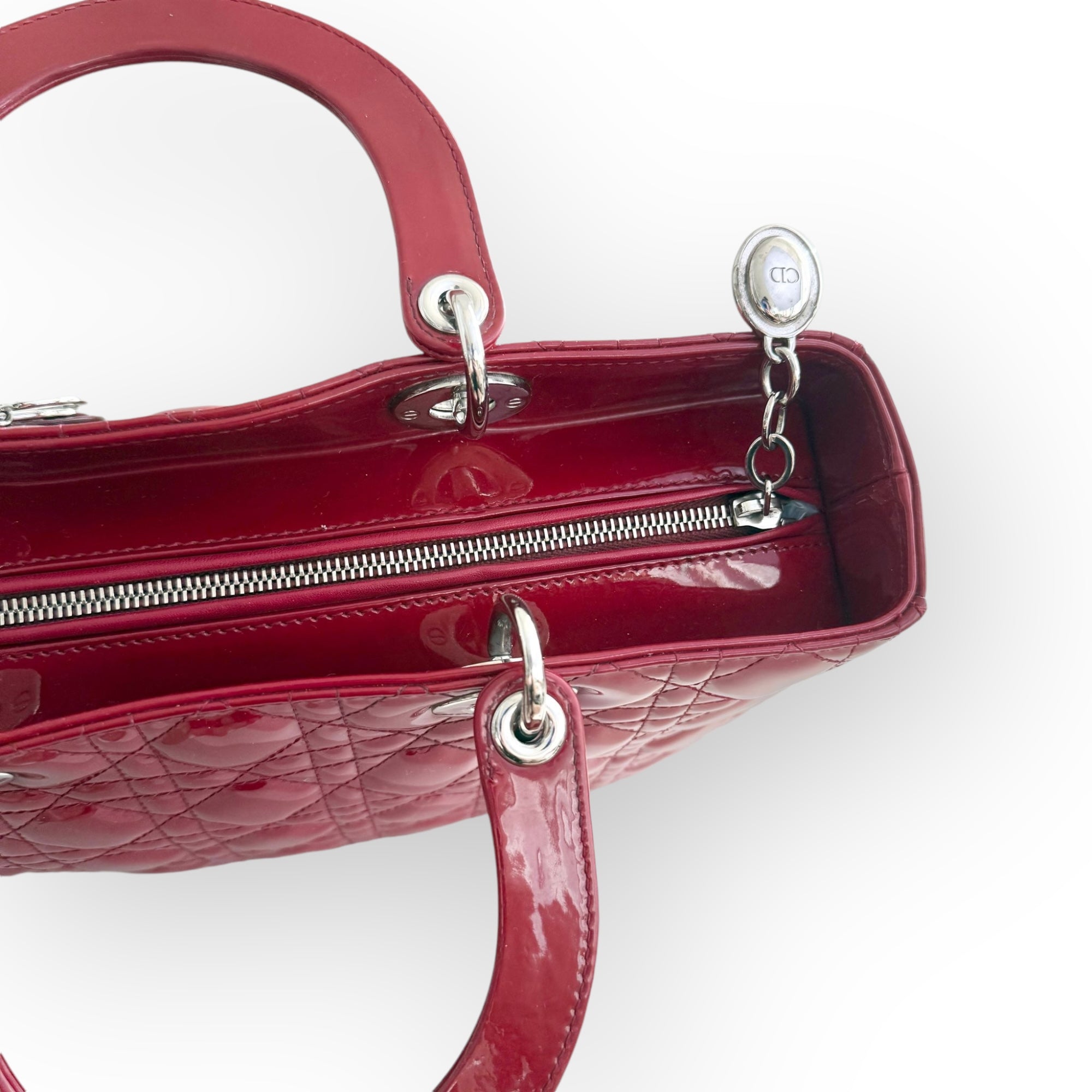 Christian Dior Lady Dior Large, Cherry Red Patent Leather, Silver Hardware