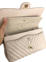 将图片加载到图库查看器，Chanel Timeless Classic Medium M/L Double Flap Ivory Chevron Caviar Gold Hardware
