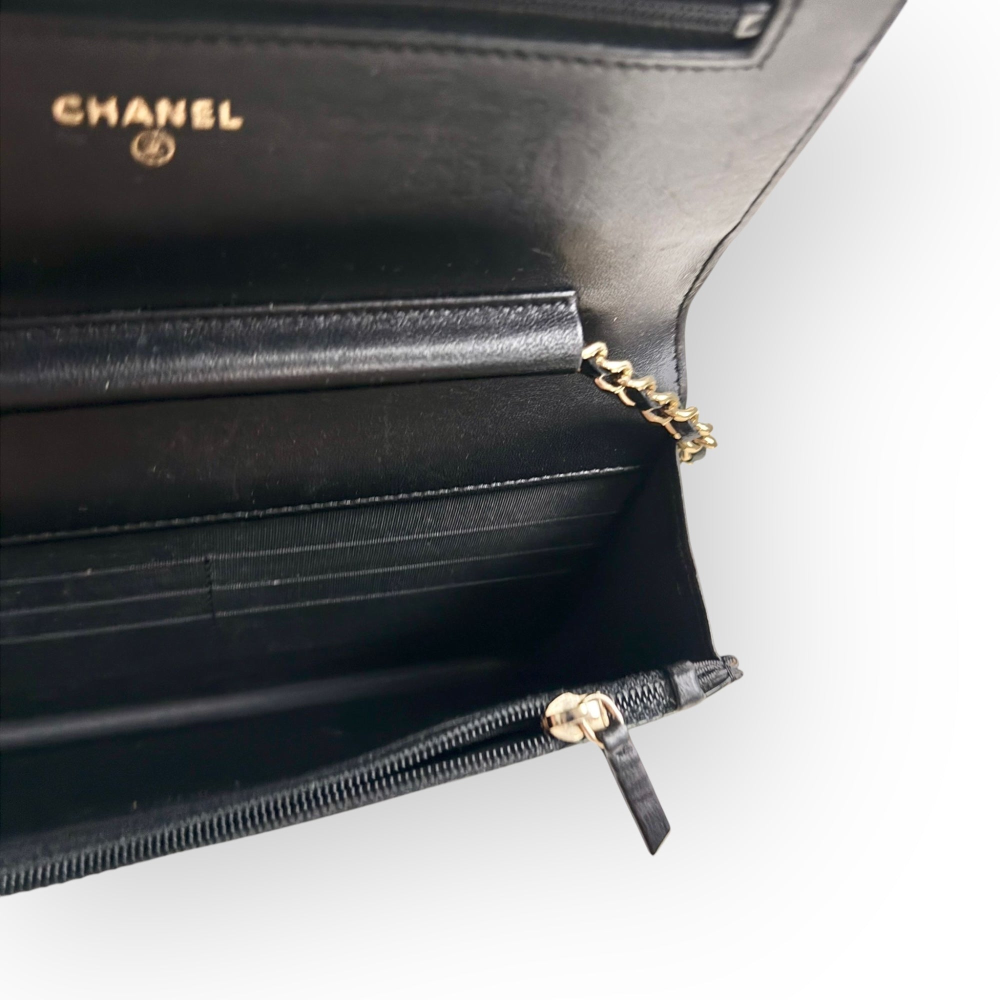 Chanel Classic Leboy Wallet on Chain, Black Diamond Quilted Patent Leather, Gold-tone Hardware