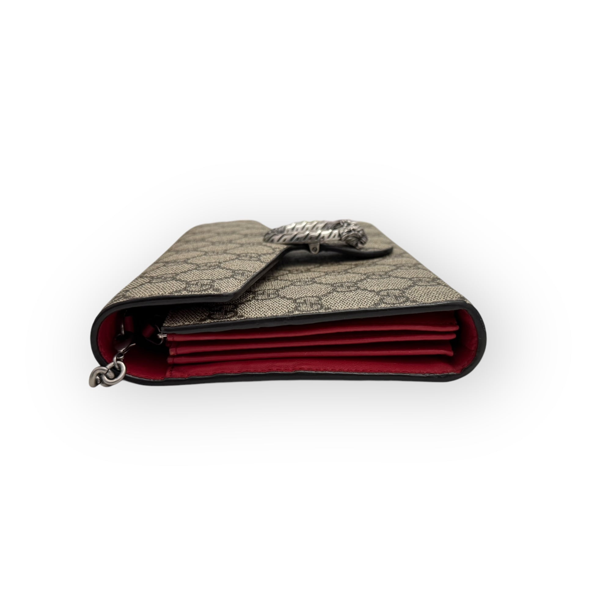 Gucci Dionysus Ebony/Beige GG Supreme Wallet on Chain WOC, Silver-toned Hardware, Red Interior