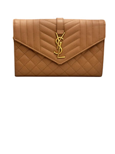 Saint Laurent Envelope Wallet on Chain WOC Triquilt Matelasse Dark Cork/Beige Gold-tone Hardware