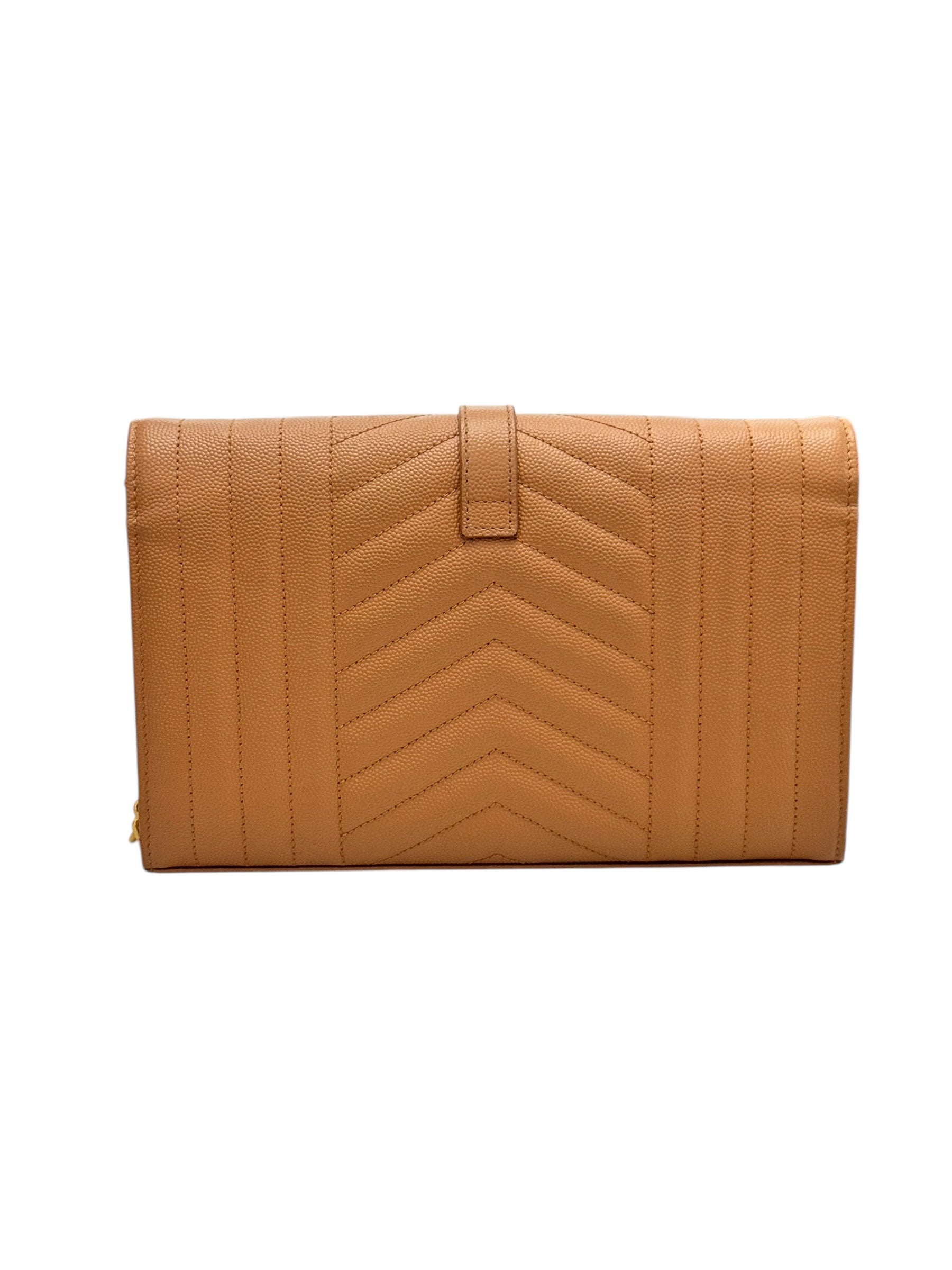 Saint Laurent Envelope Wallet on Chain WOC Triquilt Matelasse Dark Cork/Beige Gold-tone Hardware