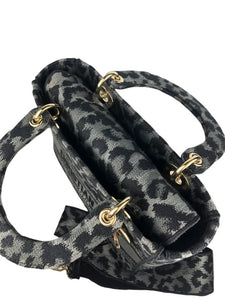 Christian Dior Lady D-Lite Medium Grey and Black Leopard Pattern Mizza Embroidery  Gold-tone Hardware