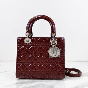 Christian Dior Lady Dior Medium Bordeaux Patent Silver-tone Hardware