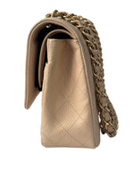 Load image into Gallery viewer, Beige handbag with gold chain strap on a white background
