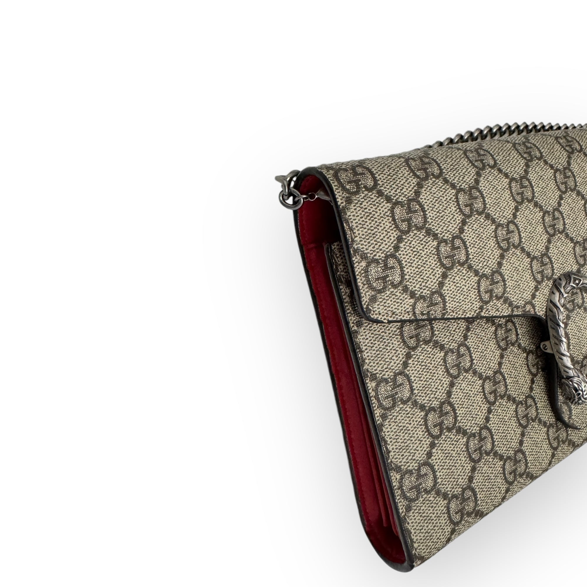 Gucci Dionysus Ebony/Beige GG Supreme Wallet on Chain WOC, Silver-toned Hardware, Red Interior