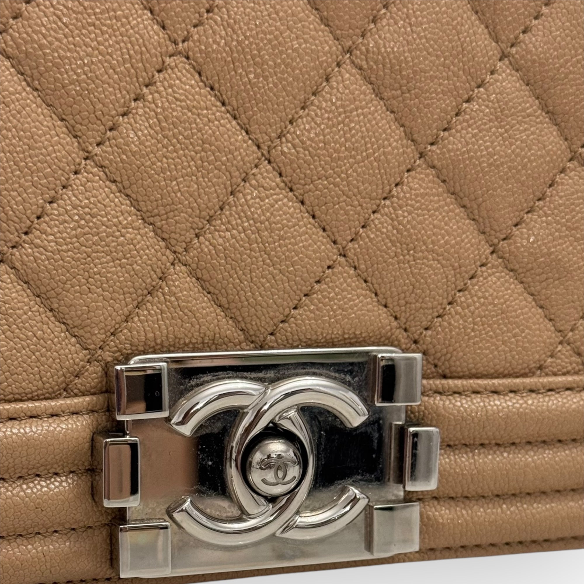 Chanel Leboy Old Medium Dark Beige Diamond Quilted Caviar Leather/Grained Calfskin, Shiny Silver-tone Hardware