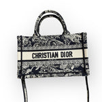 将图片加载到图库查看器，Christian Dior Book Tote Mini, Navy Toile du Jouy Embroidery, Gold-tone Hardware
