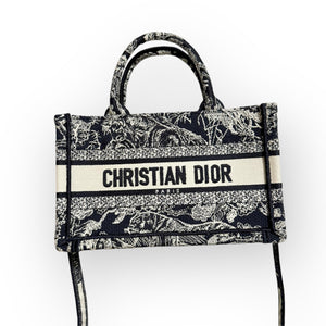 Christian Dior Book Tote Mini, Navy Toile du Jouy Embroidery, Gold-tone Hardware