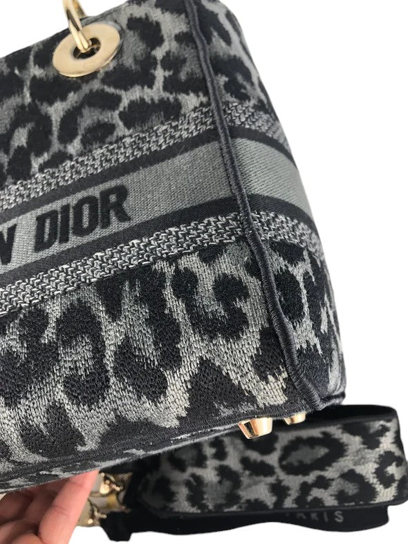 Christian Dior Lady D-Lite Medium Grey and Black Leopard Pattern Mizza Embroidery  Gold-tone Hardware