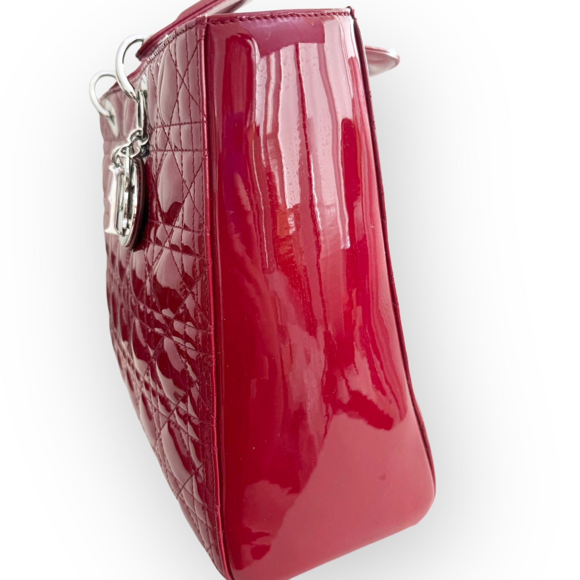 Christian Dior Lady Dior Large, Cherry Red Patent Leather, Silver Hardware