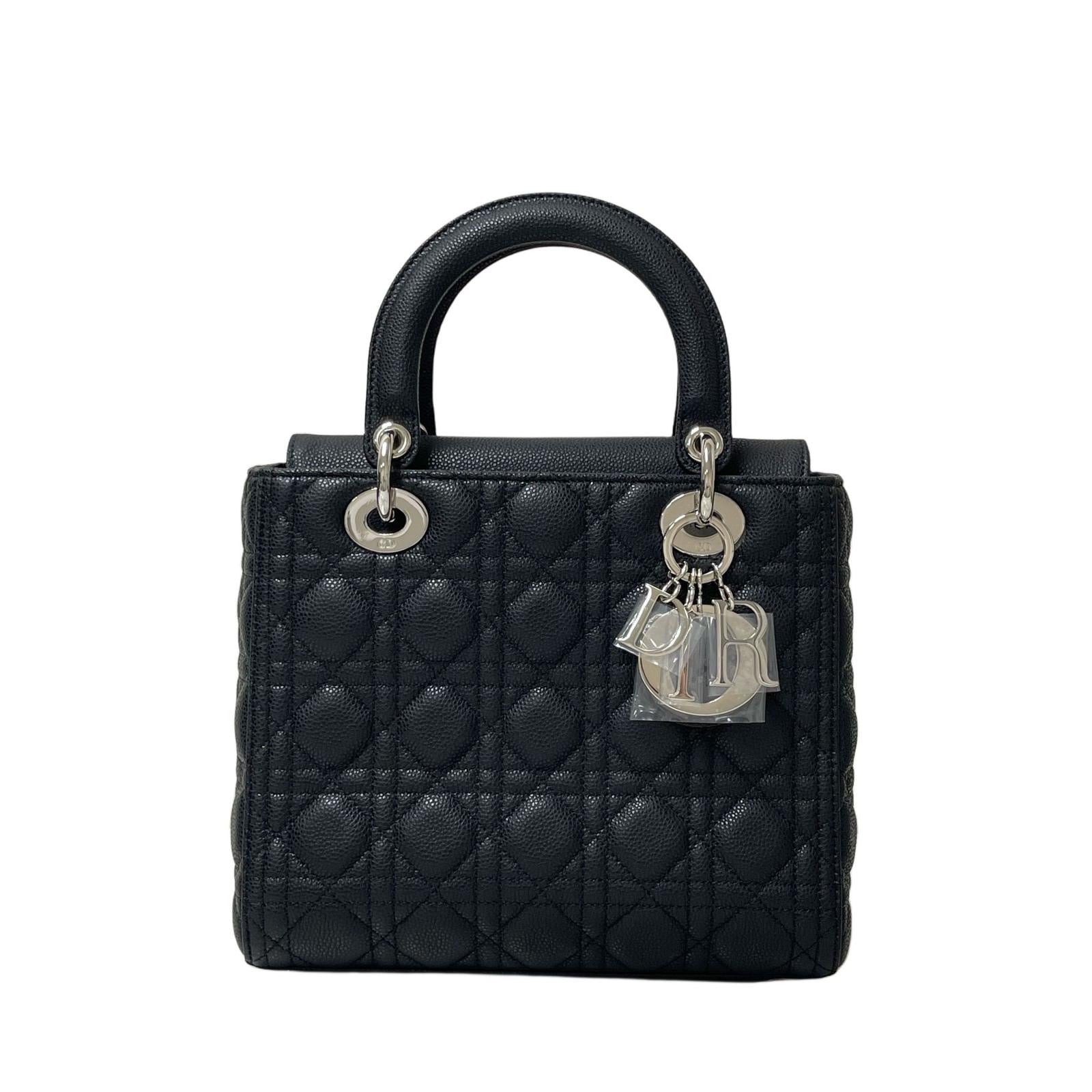 Christian Dior Lady Dior Medium Black Grained Leather/Caviar Silver-tone Hardware