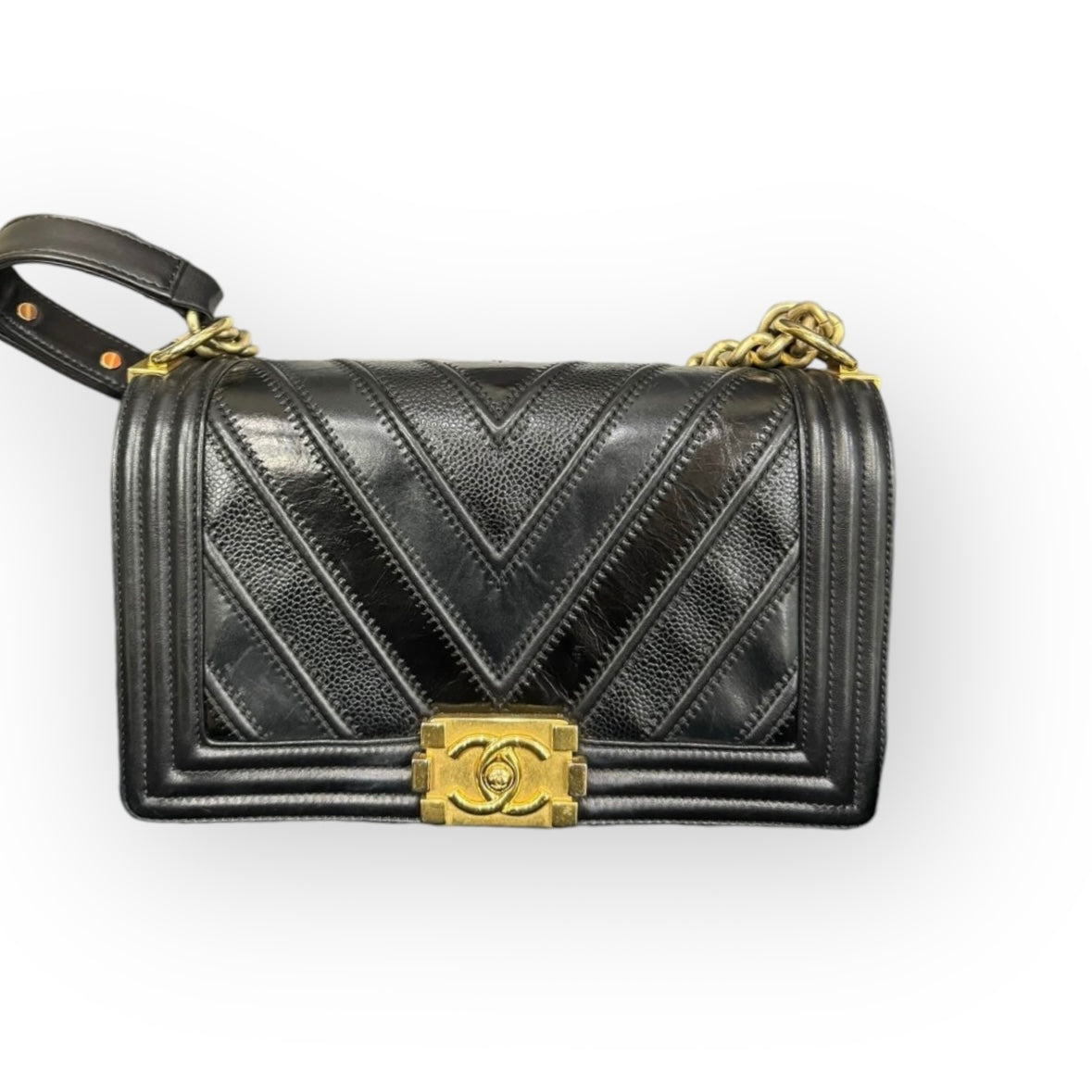 Chanel Leboy Old Medium Mixed Leather Navy Chevron Quilted Gold-tone Hardware