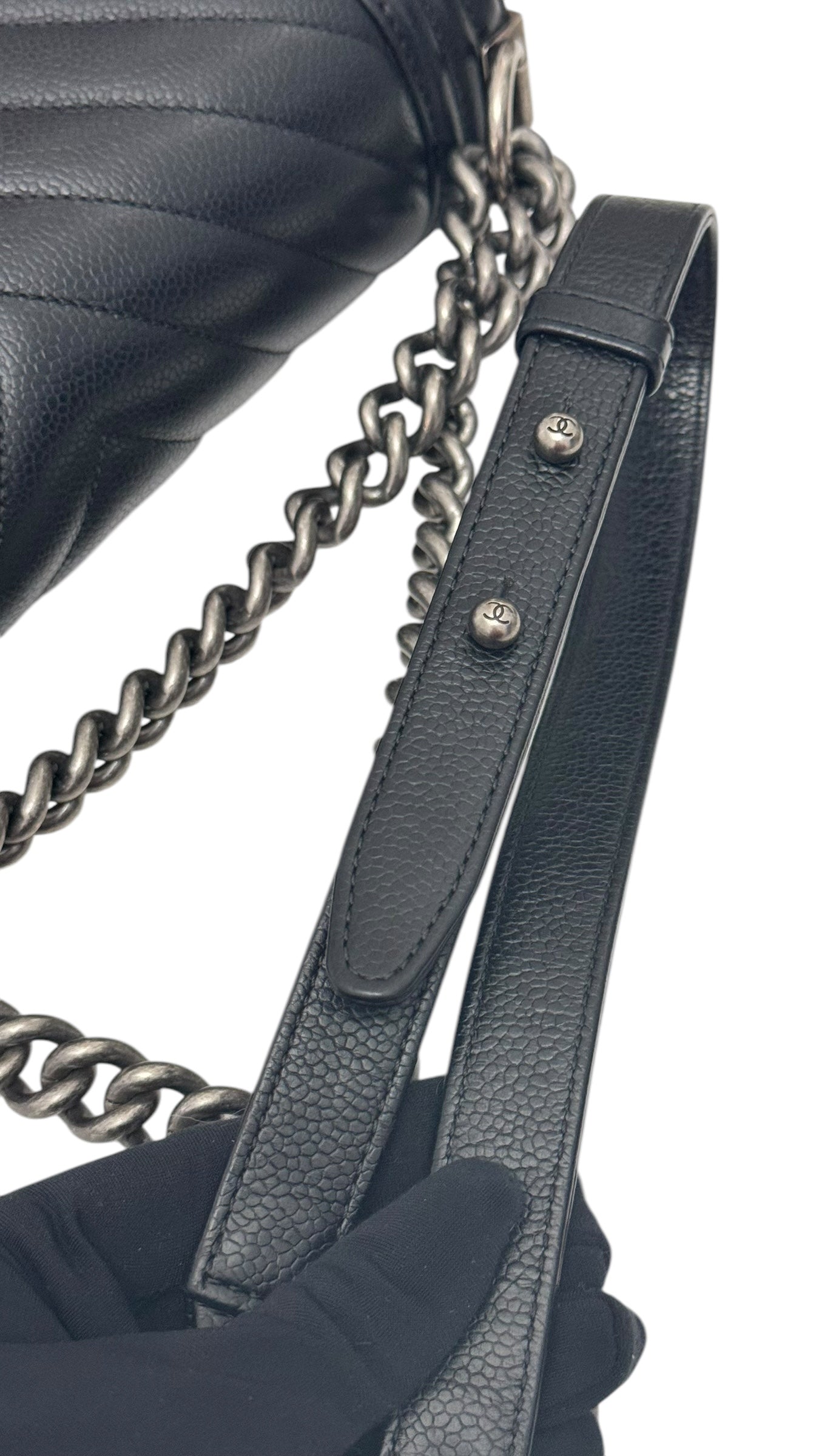 Chanel Leboy Old Medium Black Caviar / Grained Calfskin Leather, Chevron, Ruthenium Hardware