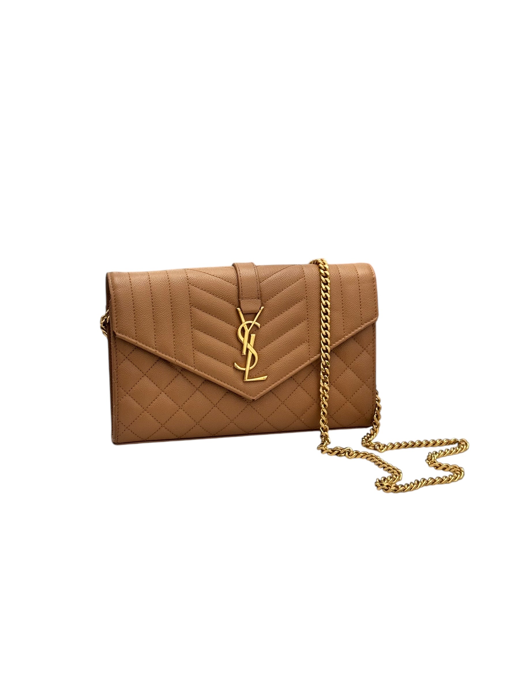 Saint Laurent Envelope Wallet on Chain WOC Triquilt Matelasse Dark Cork/Beige Gold-tone Hardware