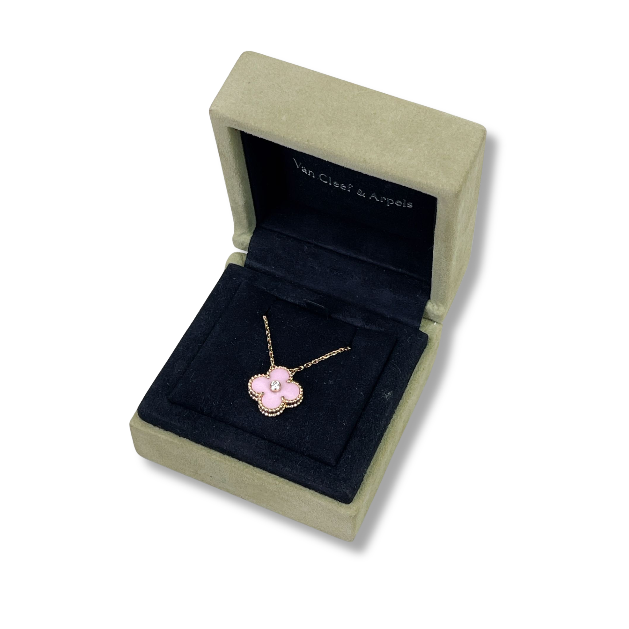 Van Cleef and Arpels VCA Vintage Alhambra Holiday Pendant, Diamond, Pink Sevres, 18kt Gold