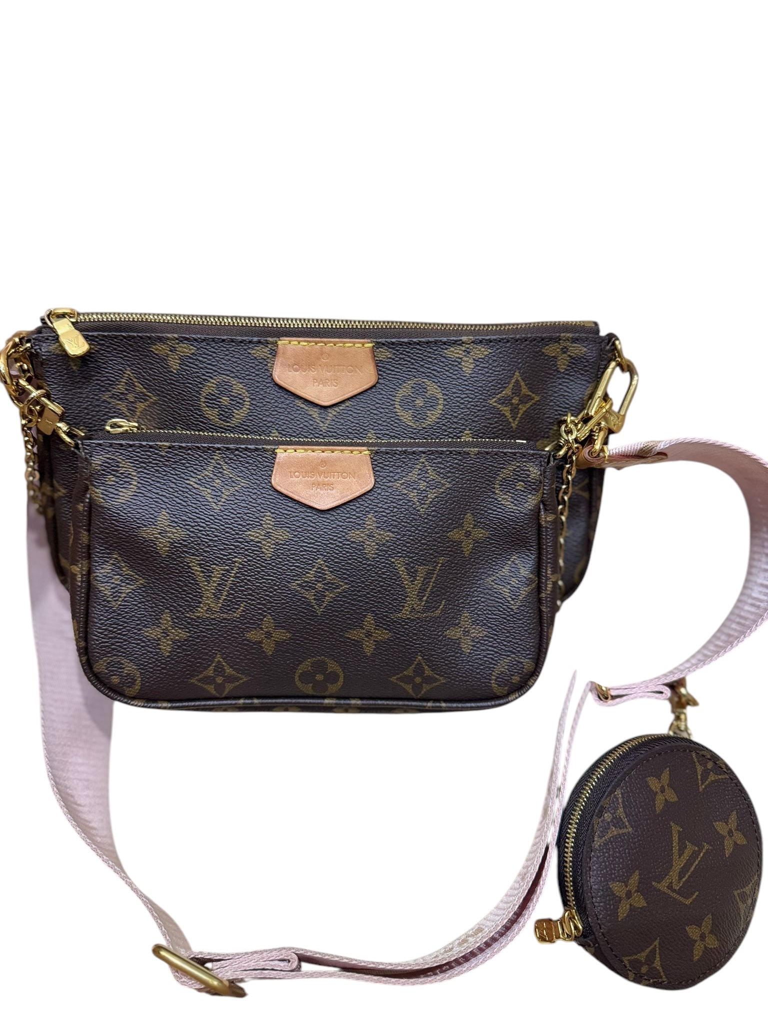 Louis Vuitton Multi Pochette Accessoires Classic Monogram, Pink Strap, Gold-tone Hardware