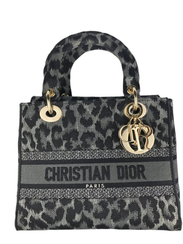 Christian Dior Lady D-Lite Medium Grey and Black Leopard Pattern Mizza Embroidery  Gold-tone Hardware