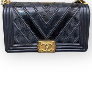 Chanel Leboy Old Medium Mixed Leather Navy Chevron Quilted Gold-tone Hardware