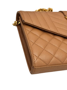 Saint Laurent Envelope Wallet on Chain WOC Triquilt Matelasse Dark Cork/Beige Gold-tone Hardware