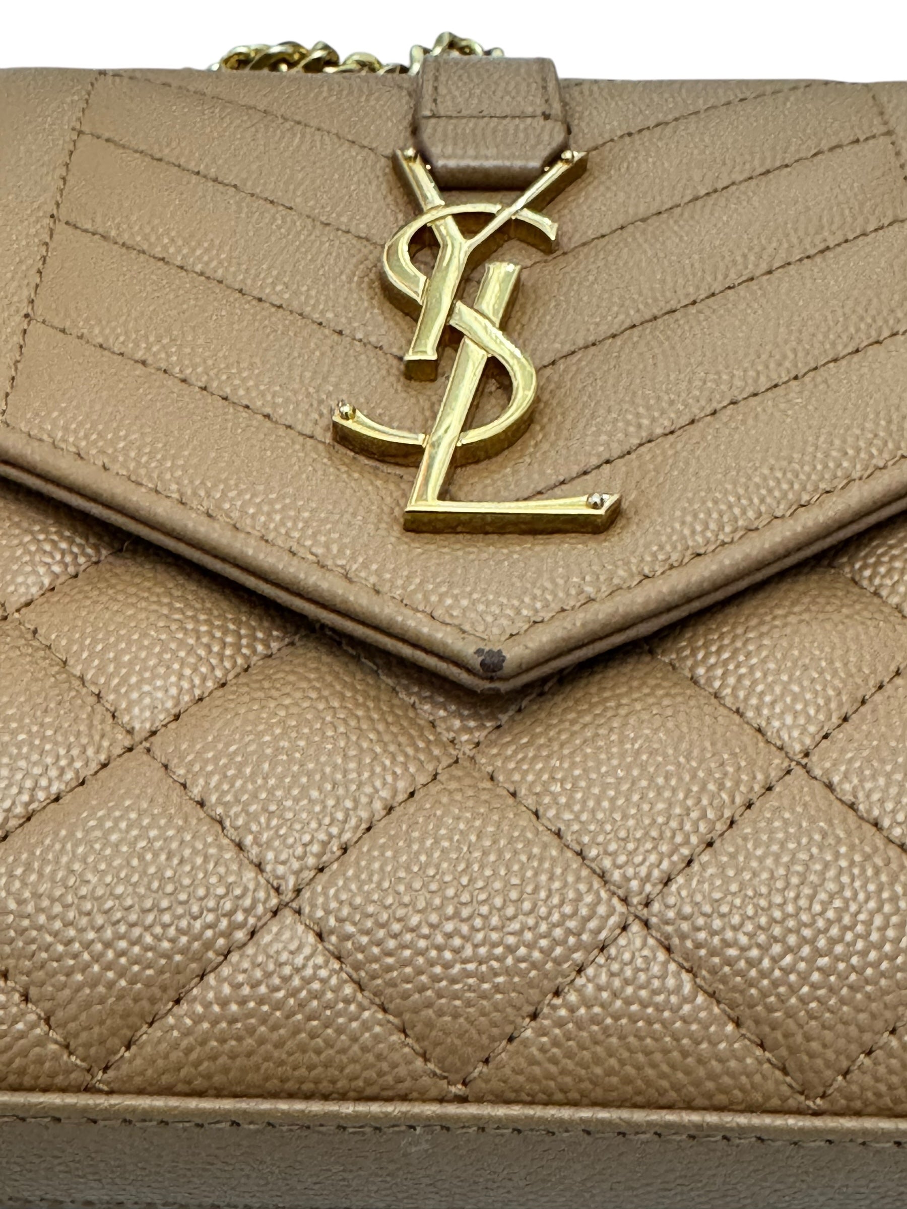 Saint Laurent Envelope Wallet on Chain WOC Triquilt Matelasse Dark Cork/Beige Gold-tone Hardware