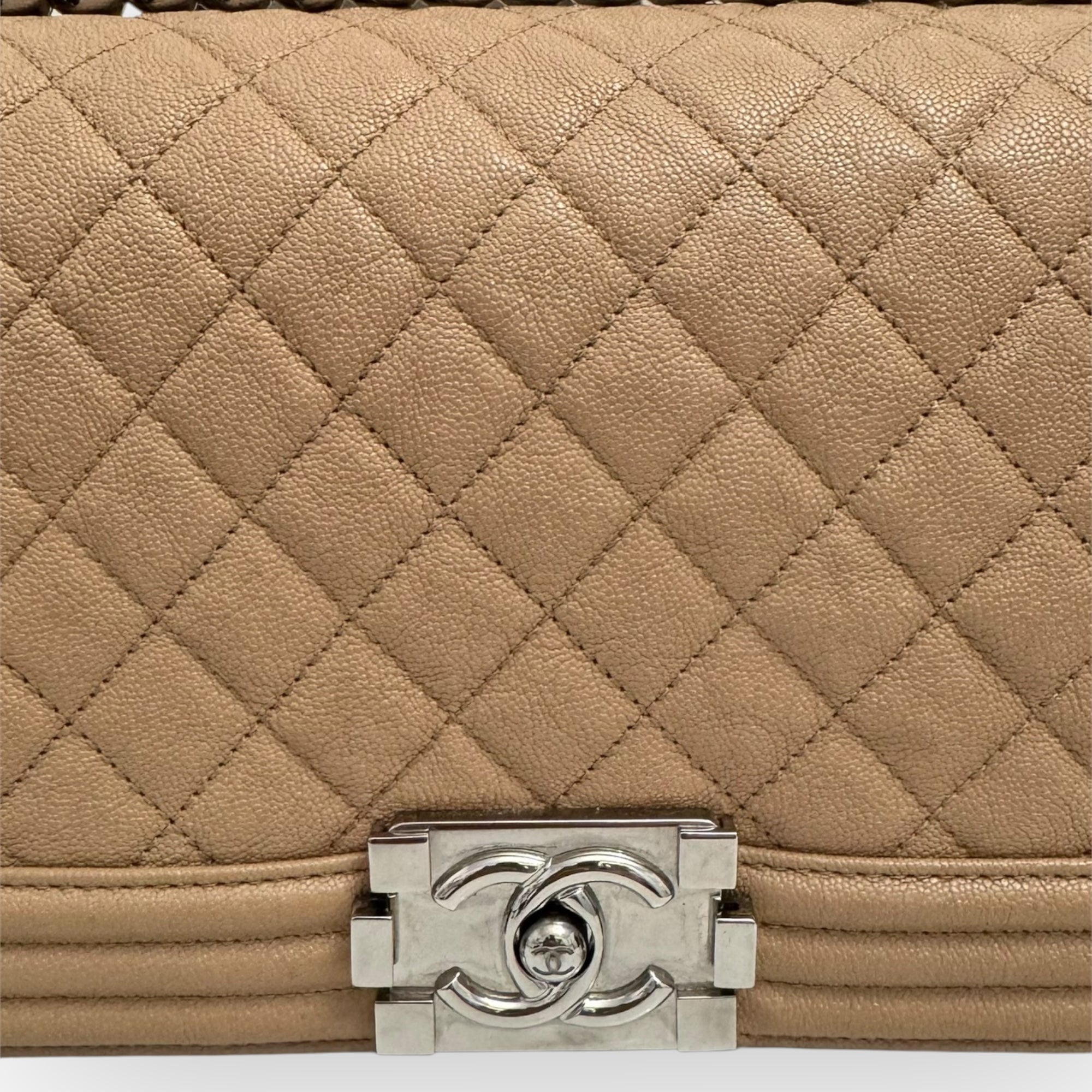 Chanel Leboy Old Medium Dark Beige Diamond Quilted Caviar Leather/Grained Calfskin, Shiny Silver-tone Hardware