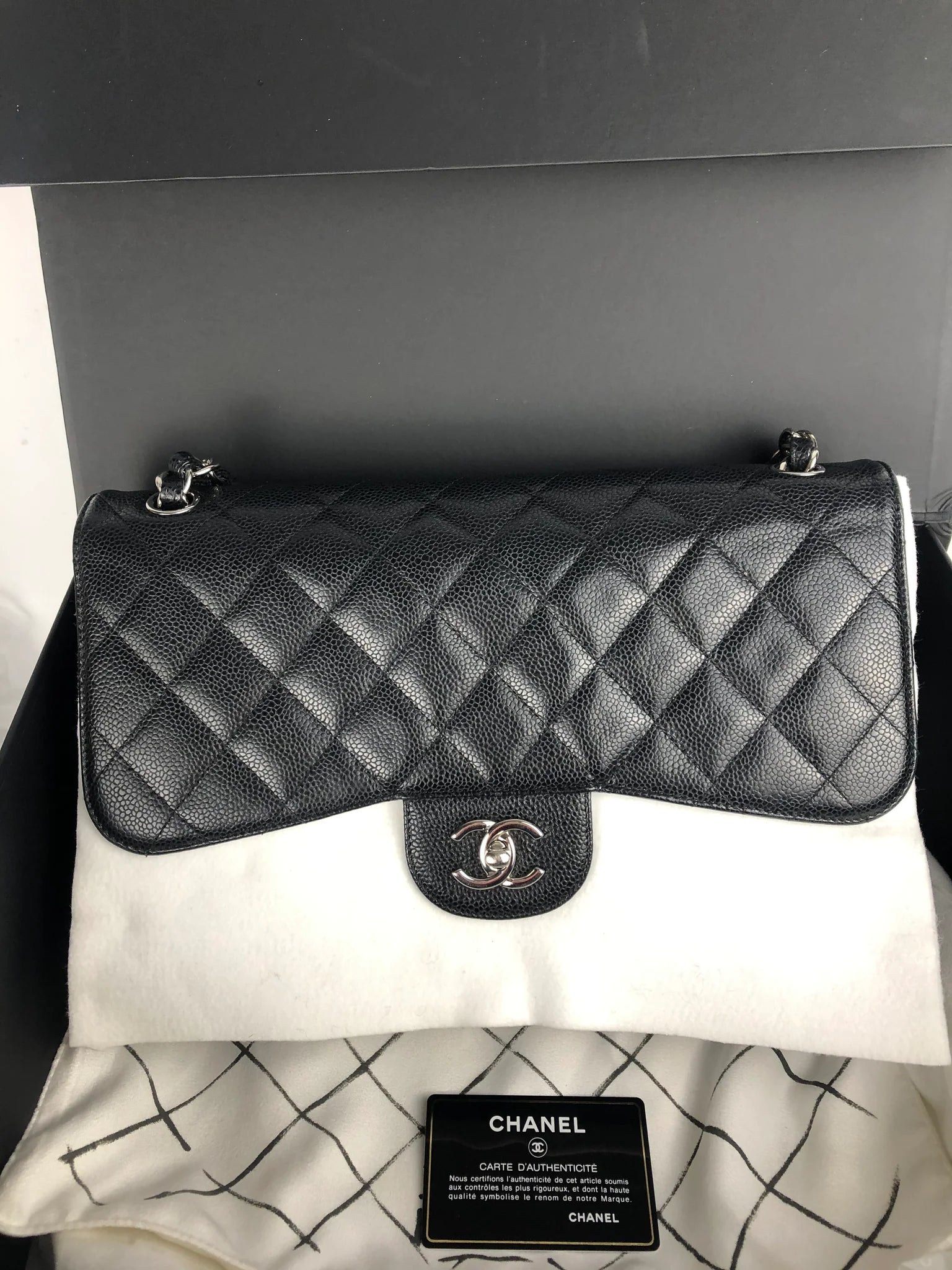 Chanel Timeless Classic Jumbo Black Caviar Silver-tone Hardware