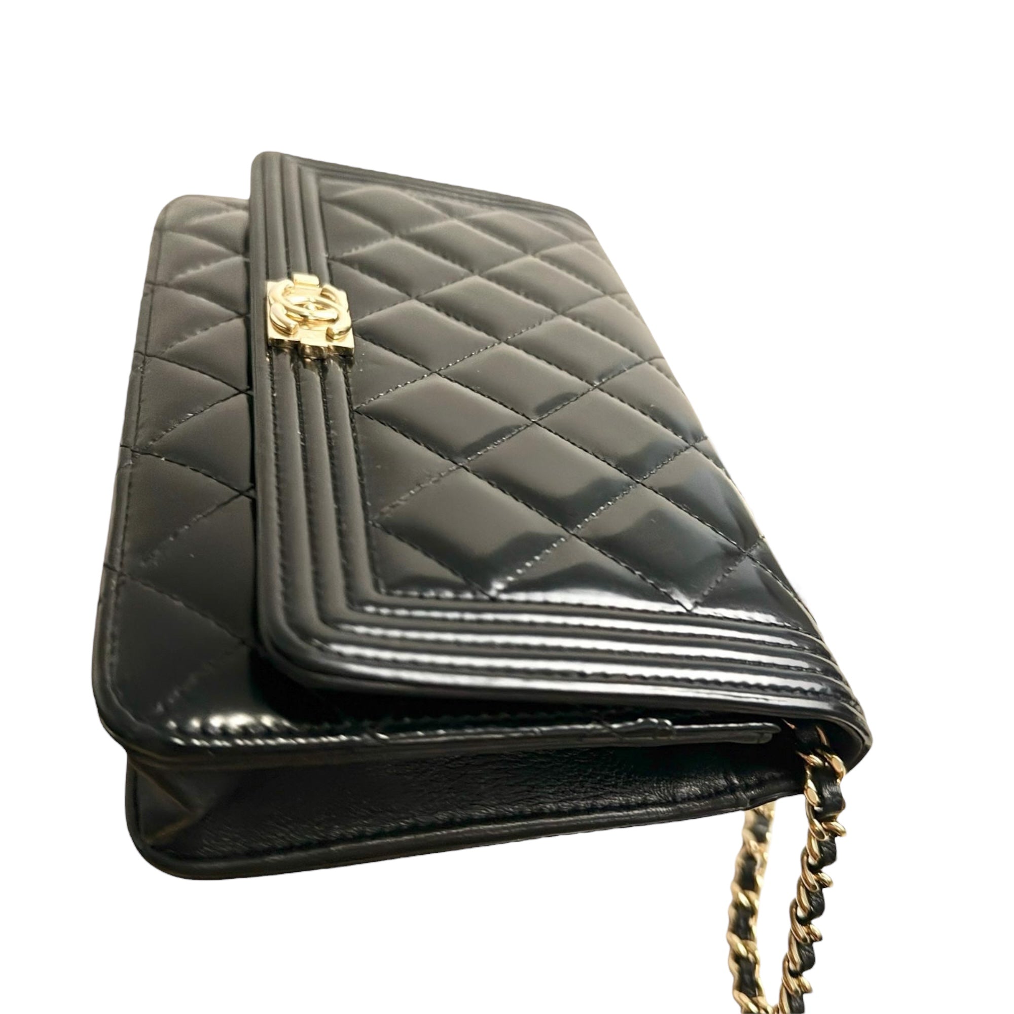 Chanel Classic Leboy Wallet on Chain, Black Diamond Quilted Patent Leather, Gold-tone Hardware