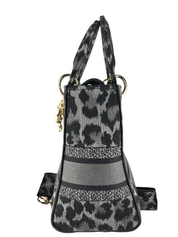 Christian Dior Lady D-Lite Medium Grey and Black Leopard Pattern Mizza Embroidery  Gold-tone Hardware