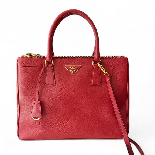 Prada Red Saffiano Lux Leather Medium Galleria Double Zip Tote Gold-Tone Hardware